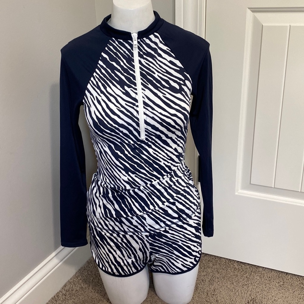 BODEN Piping Swimsuit Zebra Print Set Long Sleeve Top AND Bottom Size 4